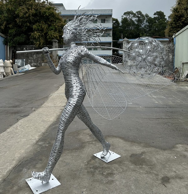 Hand-Woven Stainless Steel Wire Fairy & Dandelion Sculpture